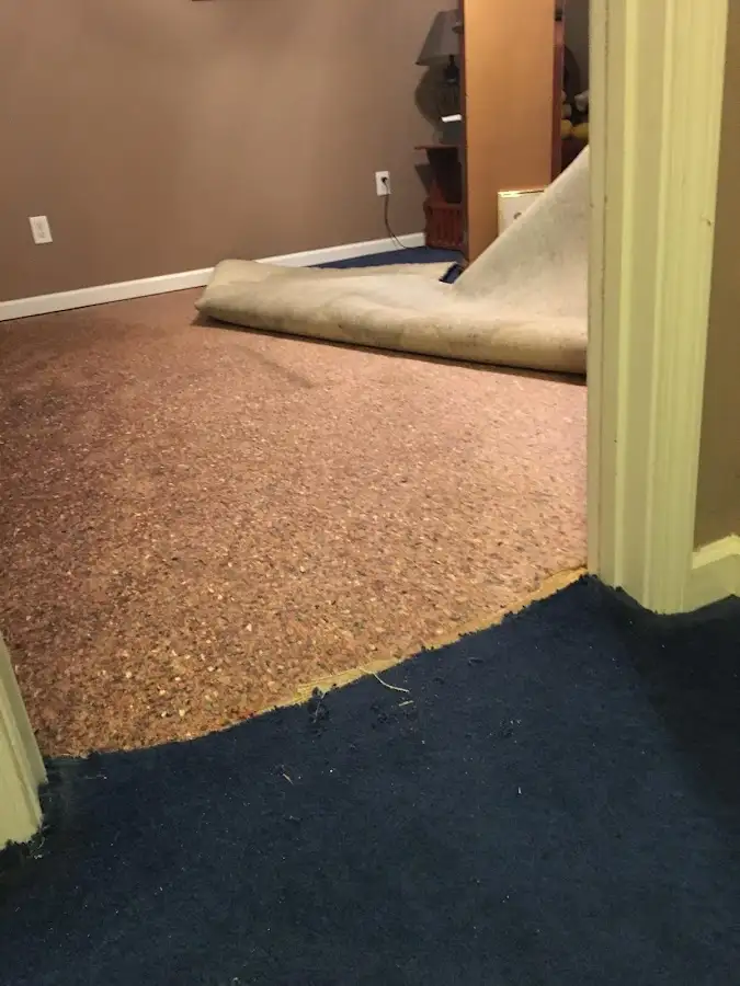Carpet pad removal revealing water damage during Drying & Dehumidification in Anamosa